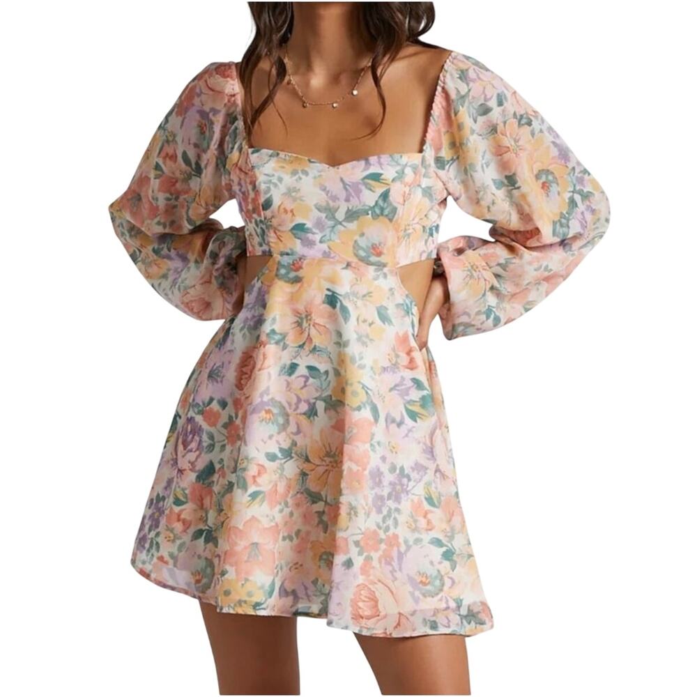 SHOWPO. Ebonee Mini Cutout Dress Puff Sleeve Floral Boho Cottagecore Size 2